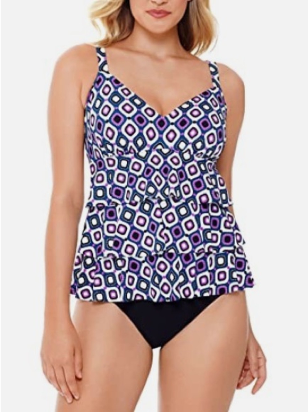 Swim Solutions Purple, Navy & White Geometric Fauxkini with Black and Accents